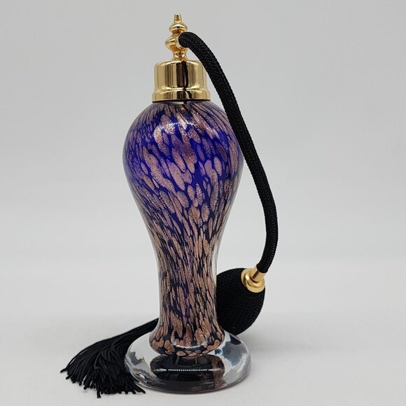 Cobalt Blue & Gold Flecks Perfume Atomizer Cased Glass Hand Blown Tassel VTG - Picture 5 of 9